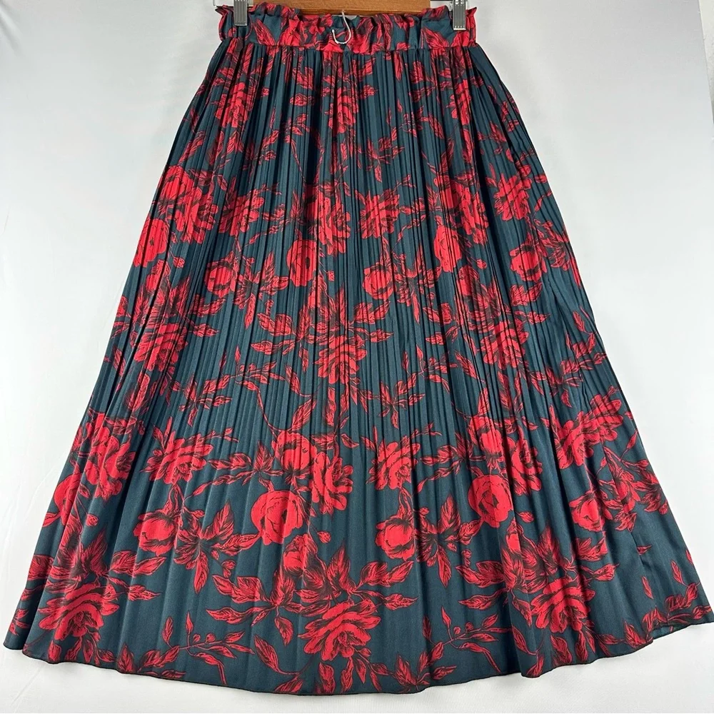 EXLURA Women Floral Pleated Flowy Side Pocket Midi Skirt Red Navy - Picture 5 of 15